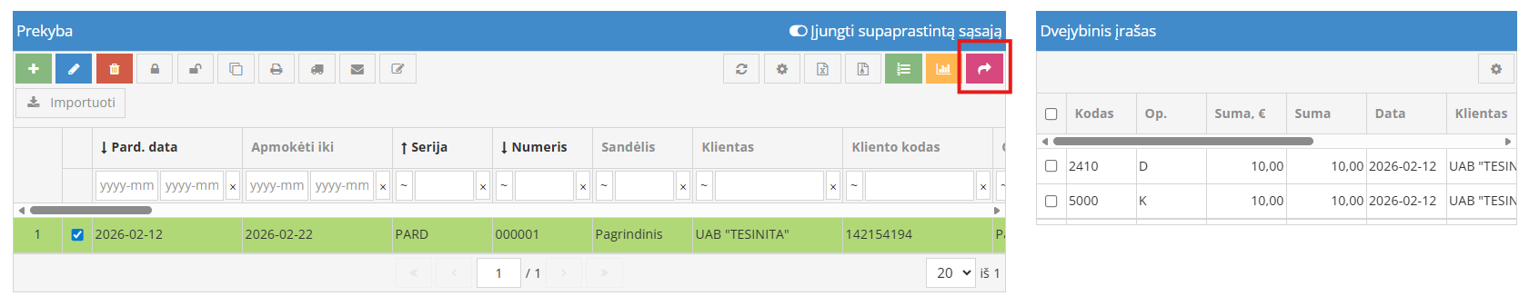 Dvejybinio įrašo patikrinimas užregistruotame dokumente
